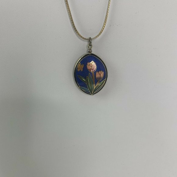 Vintage Necklace Pendant Cloisonne Enamel Blue - Picture 4 of 6